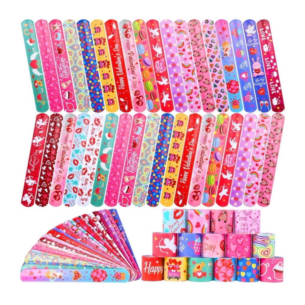 48 Pcs Valentines Day Slap Bracelets Wristbands Classroom Gift Kids Party Favors
